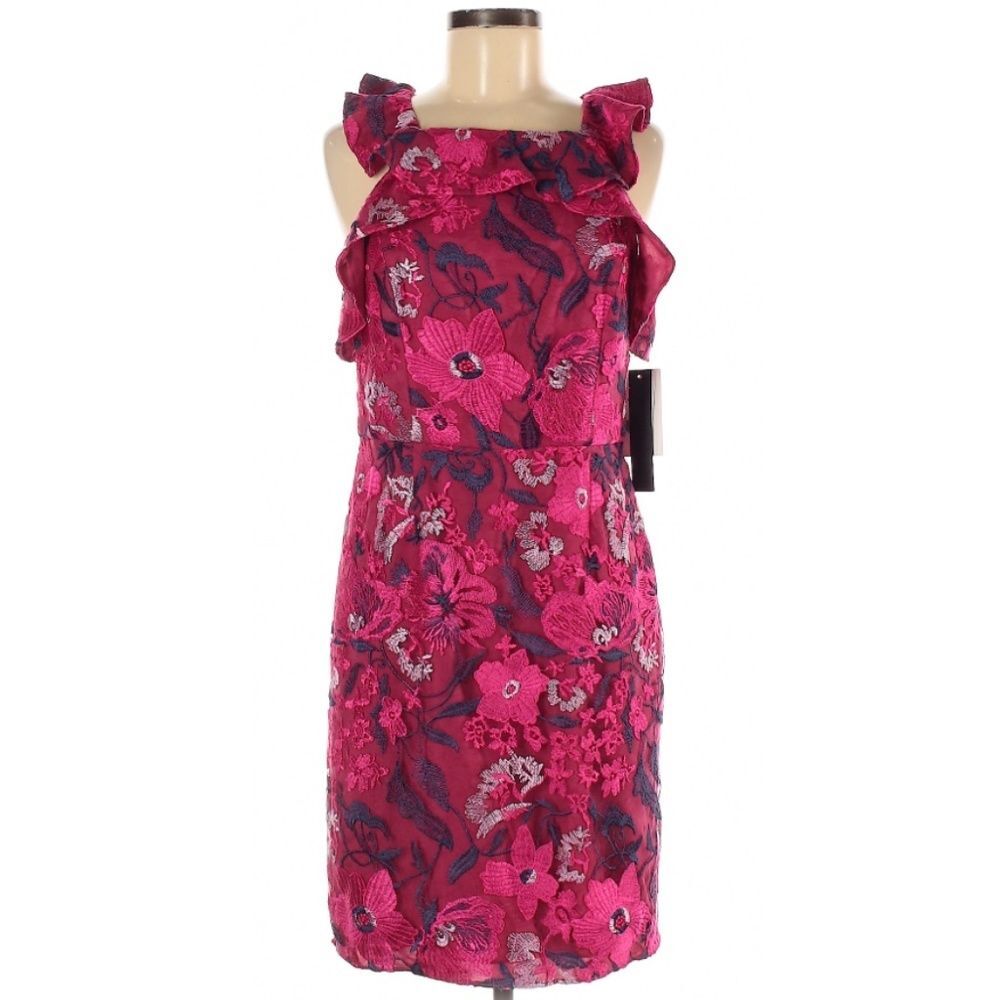H Halston Bright Raspberry Sleeveless Embroidered Floral Ruffle Sheath Dress 2